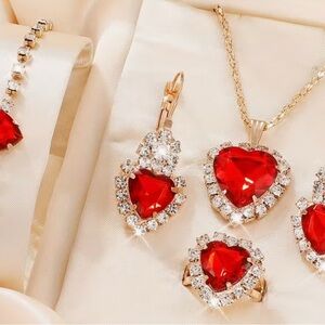 1-Red & Gold Heart Necklace Set includes Necklace, Earrings, Ring and Bracelet